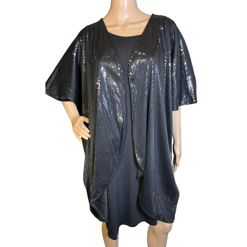 Women's Sequin‎ Kimono Cardigan Black Open Front Short Sleeve Elegant Glam XL